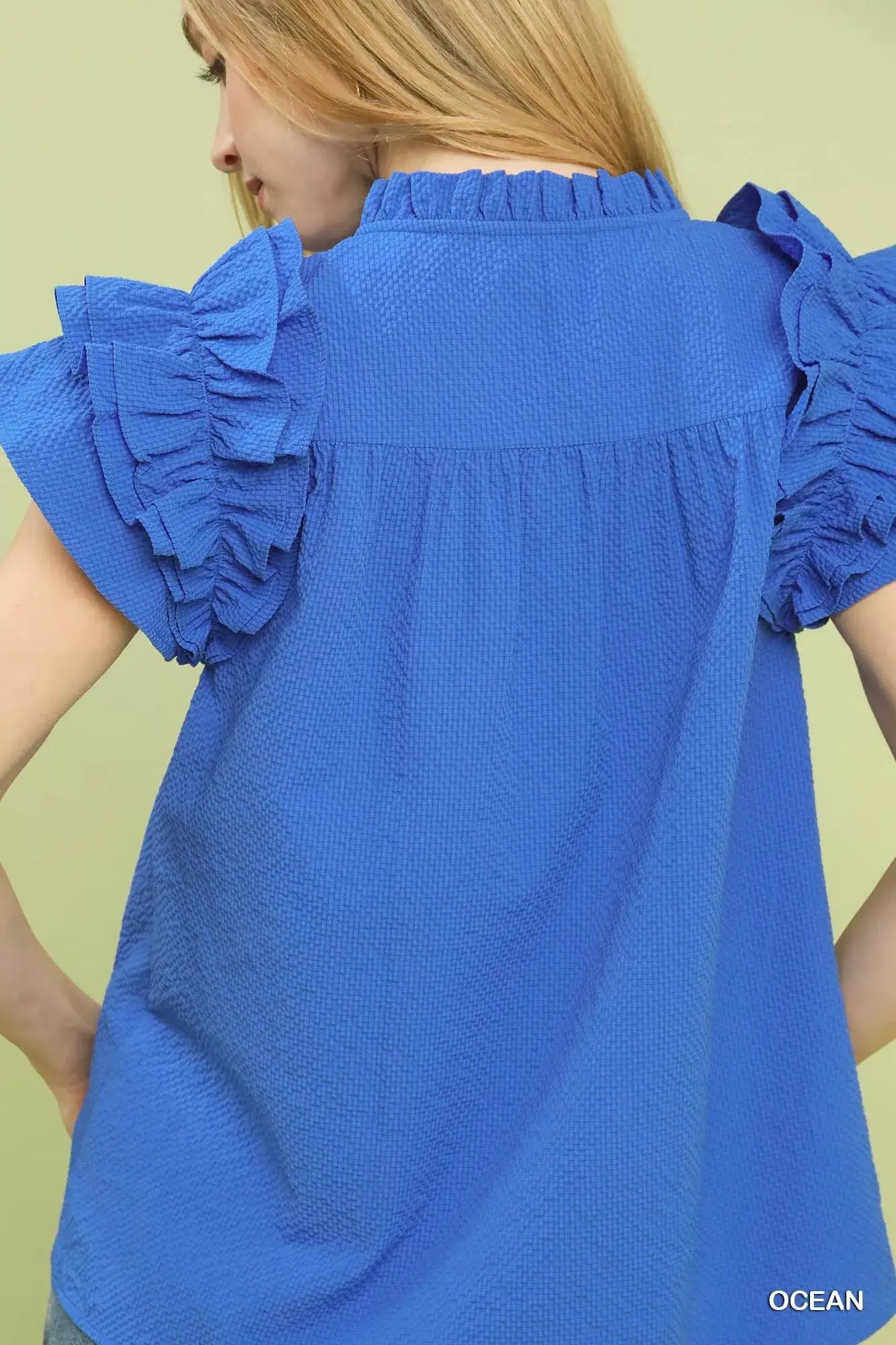 Umgee Textured Ruffle Sleeve Notched Top - Trendsi - Flyclothing LLC