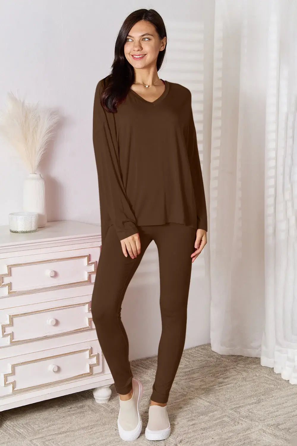 Basic Bae Full Size V-Neck Soft Rayon Long Sleeve Top and Pants Lounge Set - ShopBasicbae - Flyclothing LLC