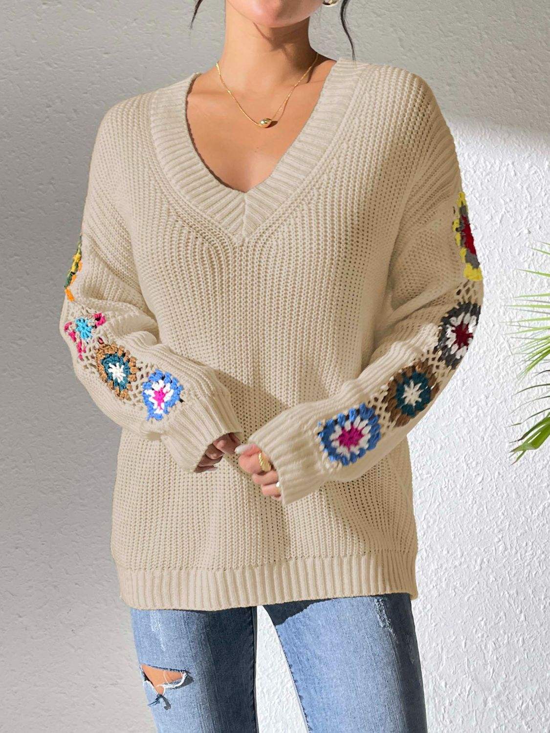Crochet Flower V-Neck Sweater - Trendsi - Flyclothing LLC