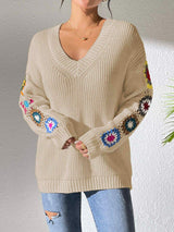 Crochet Flower V-Neck Sweater - Trendsi - Flyclothing LLC