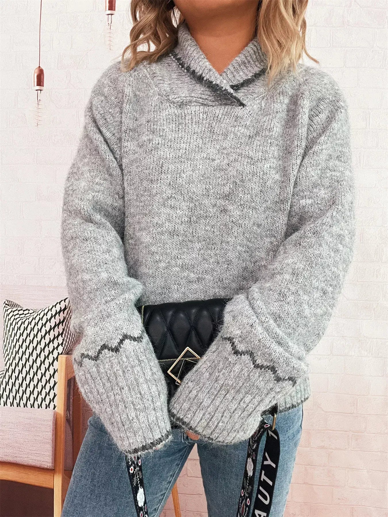 Ribbed Contrast Trim Long Sleeve Sweater - Trendsi - Flyclothing LLC