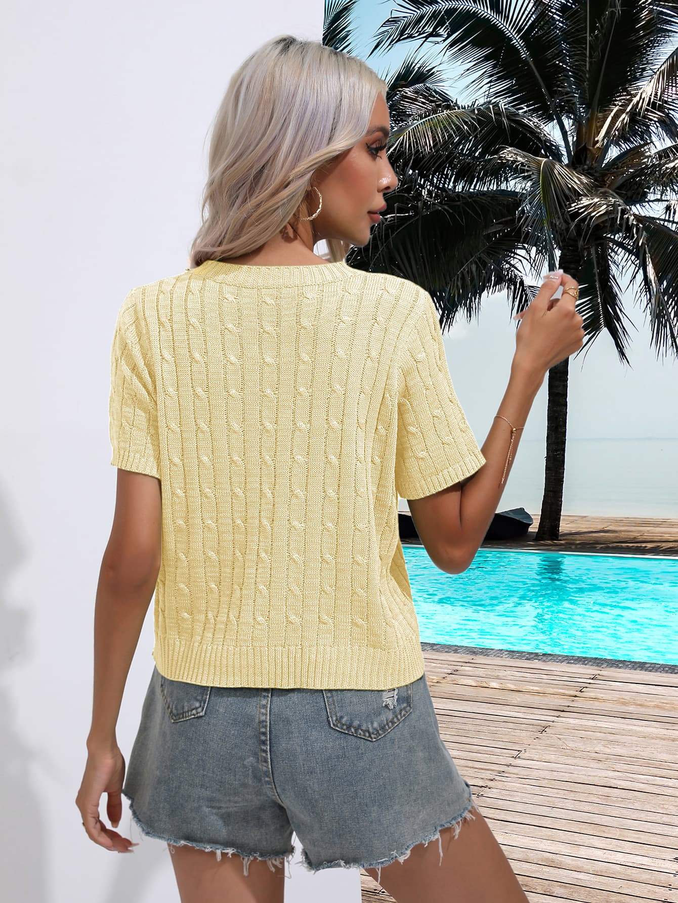 Cable-Knit Round Neck Short Sleeve Knit Top - Trendsi - Flyclothing LLC