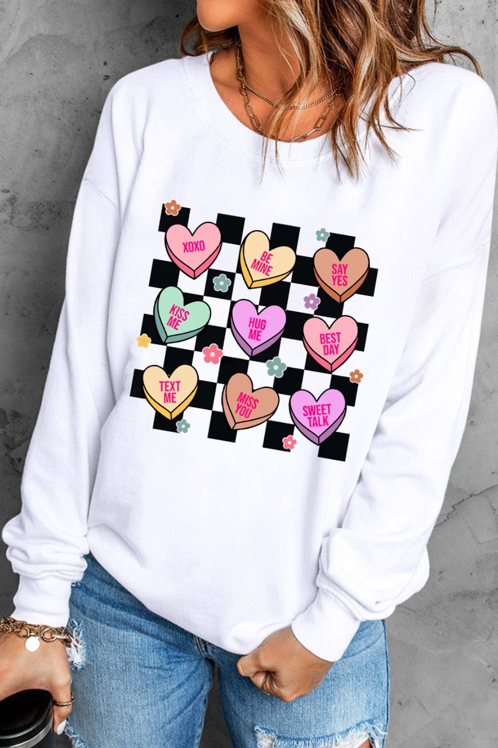 Valentine's Day Checkered Heart Long Sleeve Sweatshirt - Trendsi - Flyclothing LLC