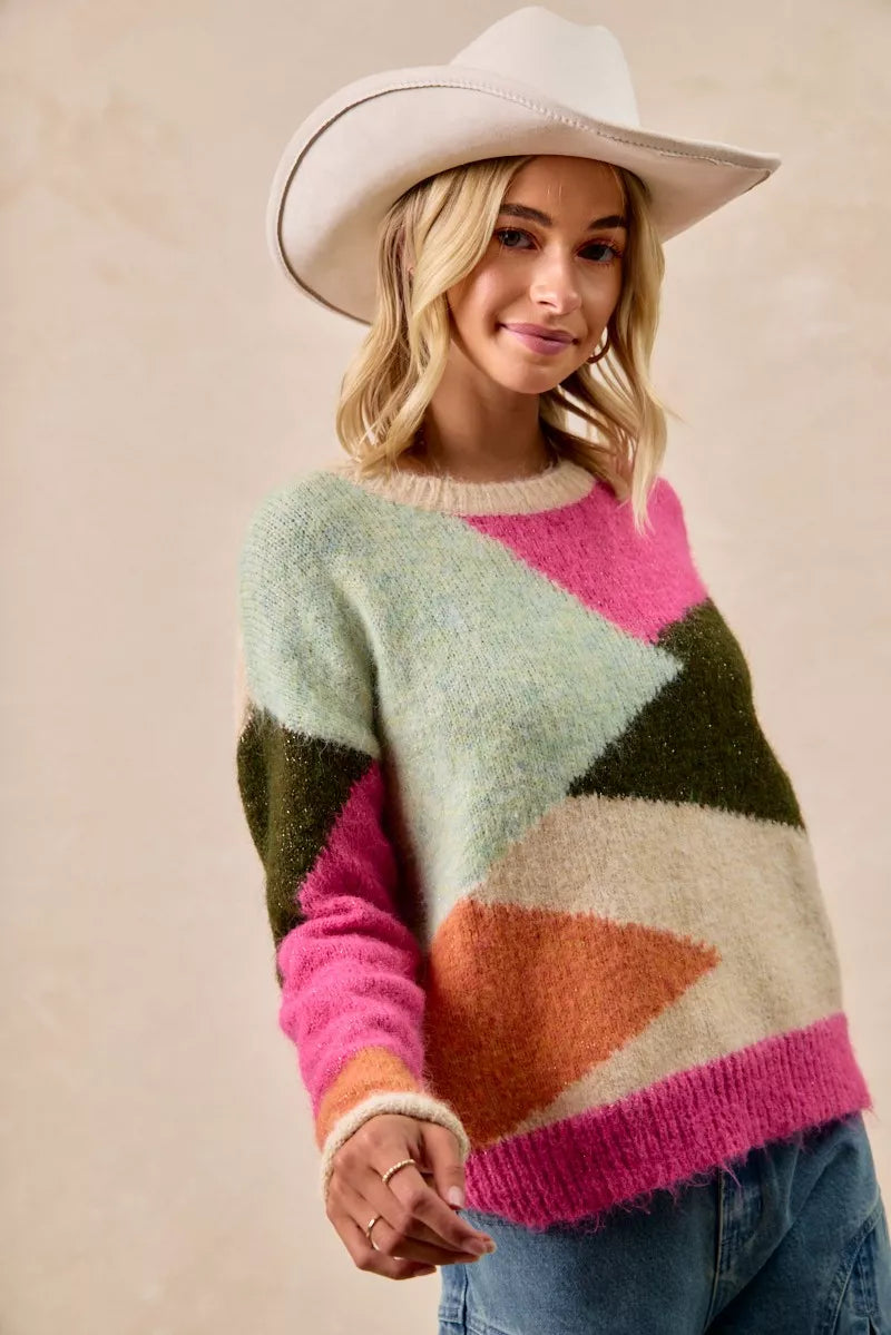 BiBi Multi Color Block Sweater Top - Trendsi - Flyclothing LLC