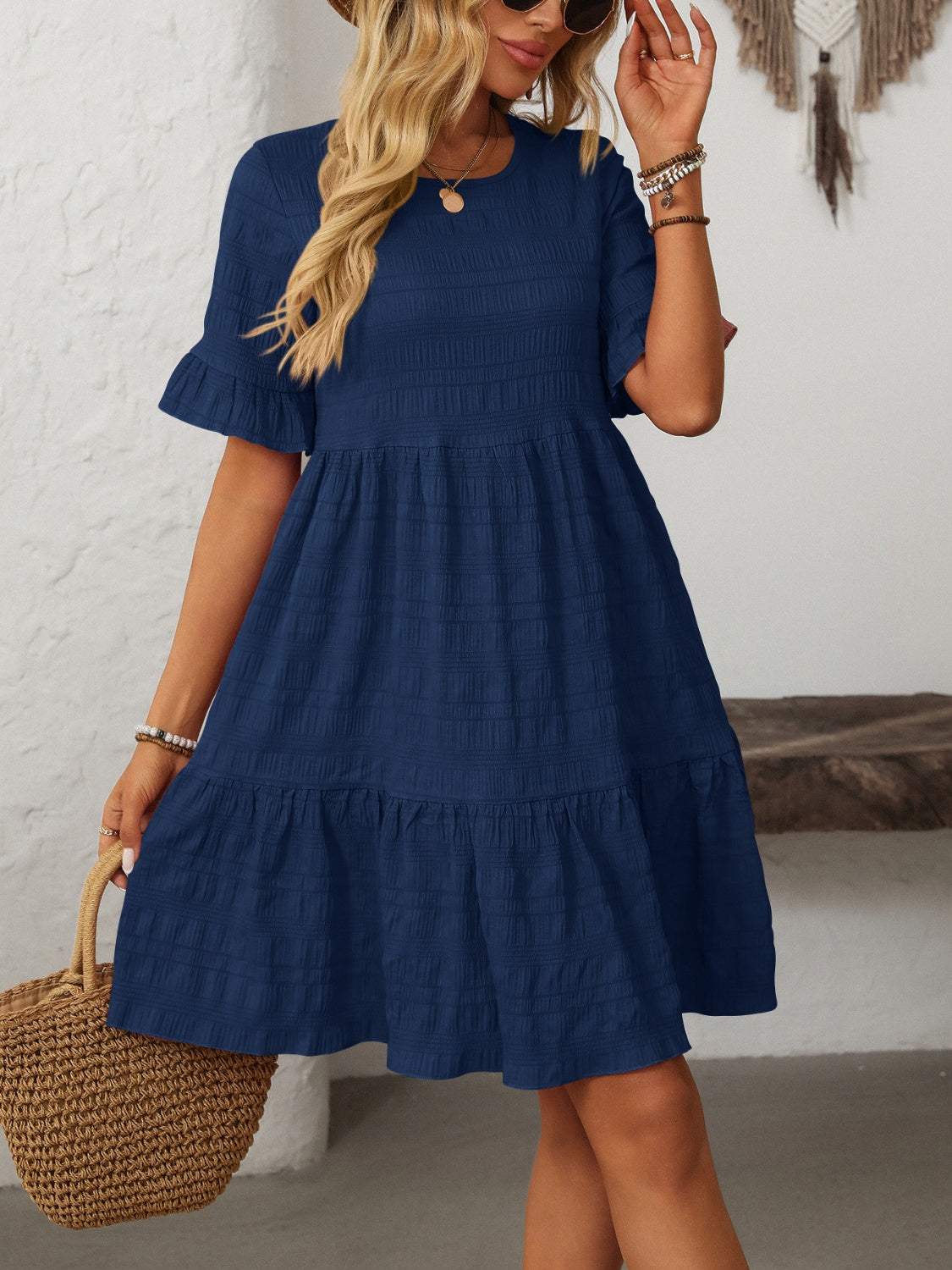 Mandy Ruffled Ruched Round Neck Half Sleeve Dress - Trendsi - Flyclothing LLC