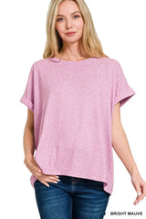 Zenana Soft Melange Hacci Short Sleeve Round Neck Top - Trendsi - Flyclothing LLC