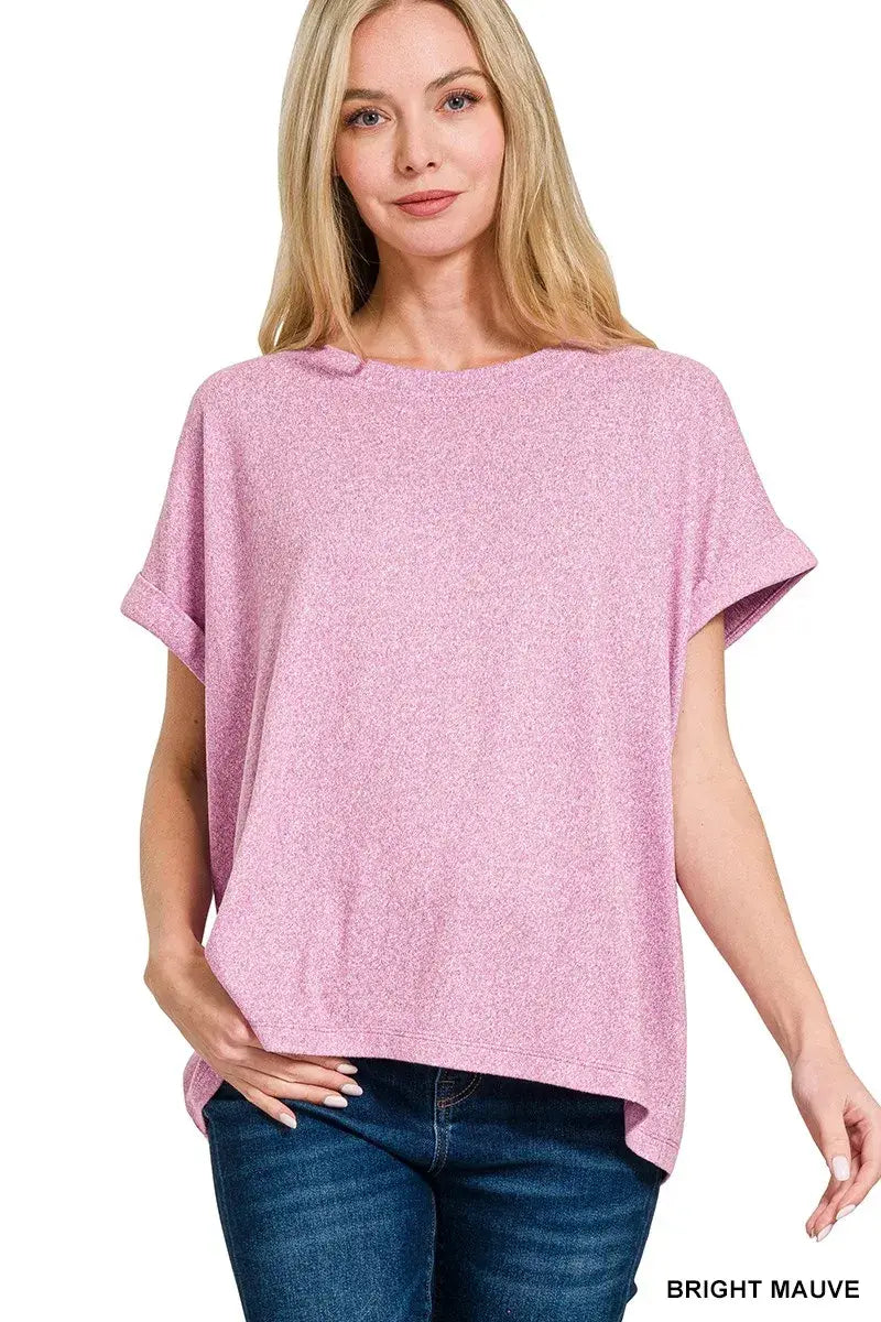 Zenana Soft Melange Hacci Short Sleeve Round Neck Top - Trendsi - Flyclothing LLC