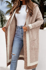 Pocketed Contrast Long Sleeve Hooded Cardigan - Trendsi - Flyclothing LLC