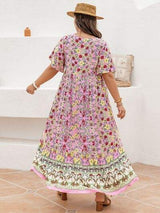 Plus Size Floral Tie Neck Flutter Sleeve Maxi Dress - Trendsi - Flyclothing LLC