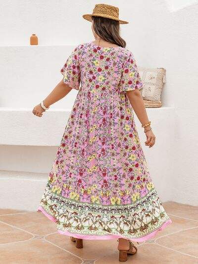 Plus Size Floral Tie Neck Flutter Sleeve Maxi Dress - Trendsi - Flyclothing LLC