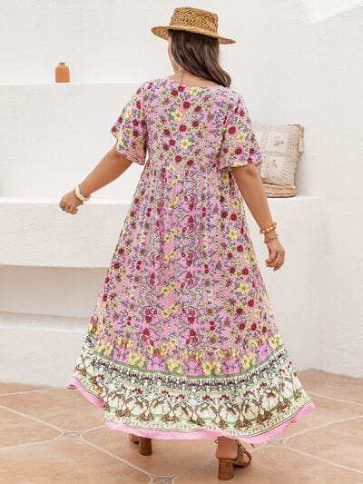 Plus Size Floral Tie Neck Flutter Sleeve Maxi Dress - Trendsi - Flyclothing LLC