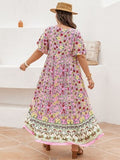 Plus Size Floral Tie Neck Flutter Sleeve Maxi Dress - Trendsi