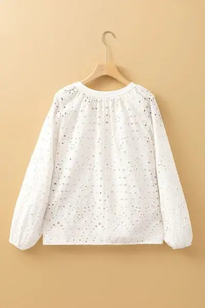 Eyelet V-Neck Long Sleeve Blouse - Trendsi - Flyclothing LLC