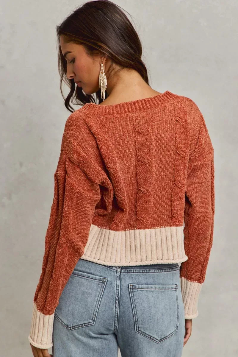 SO ME Chenille Cable Knit V Neck Contrast Cropped Sweater - Trendsi - Flyclothing LLC