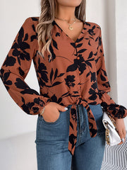 Printed V-Neck Long Sleeve Blouse - Trendsi