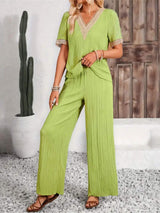 V-Neck Short Sleeve Top and Pants Set - Trendsi - Flyclothing LLC