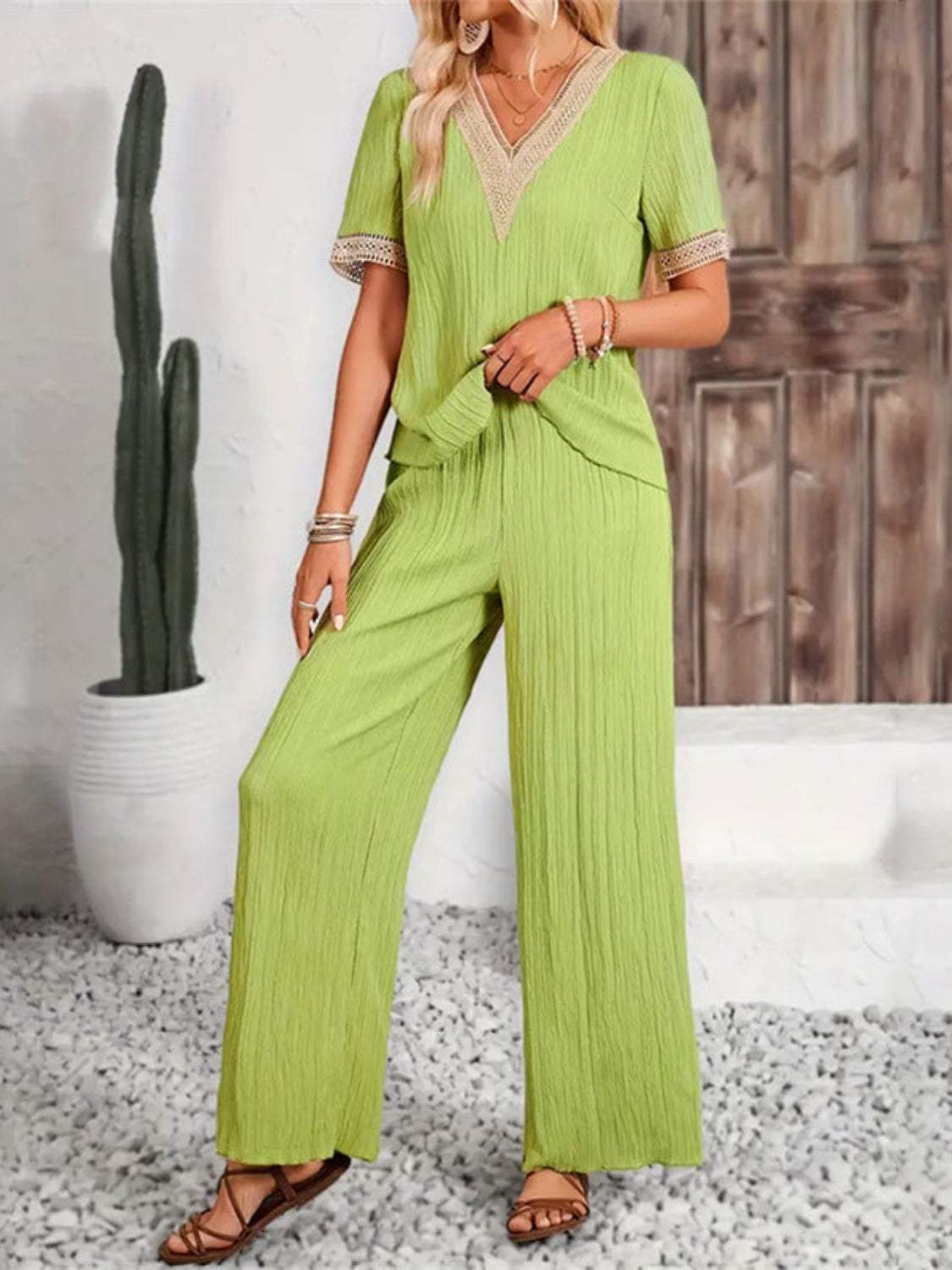 V-Neck Short Sleeve Top and Pants Set - Trendsi - Flyclothing LLC