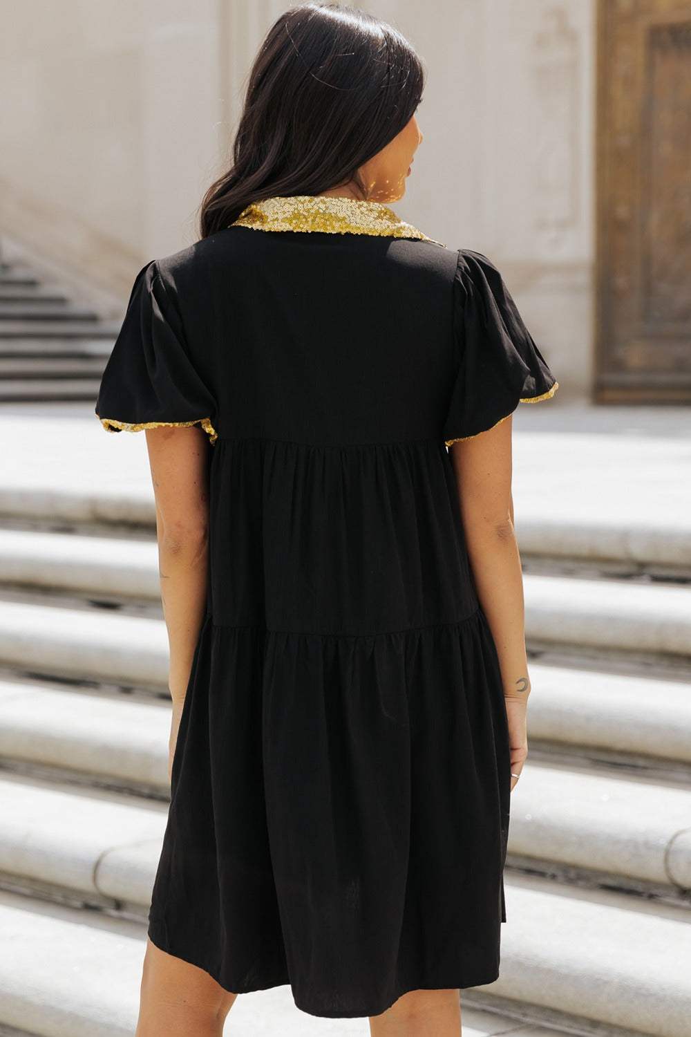 Sequin Half Button Short Sleeve Dress - Trendsi - Flyclothing LLC