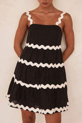 Contrast Trim Square Neck Tiered Dress - Trendsi - Flyclothing LLC