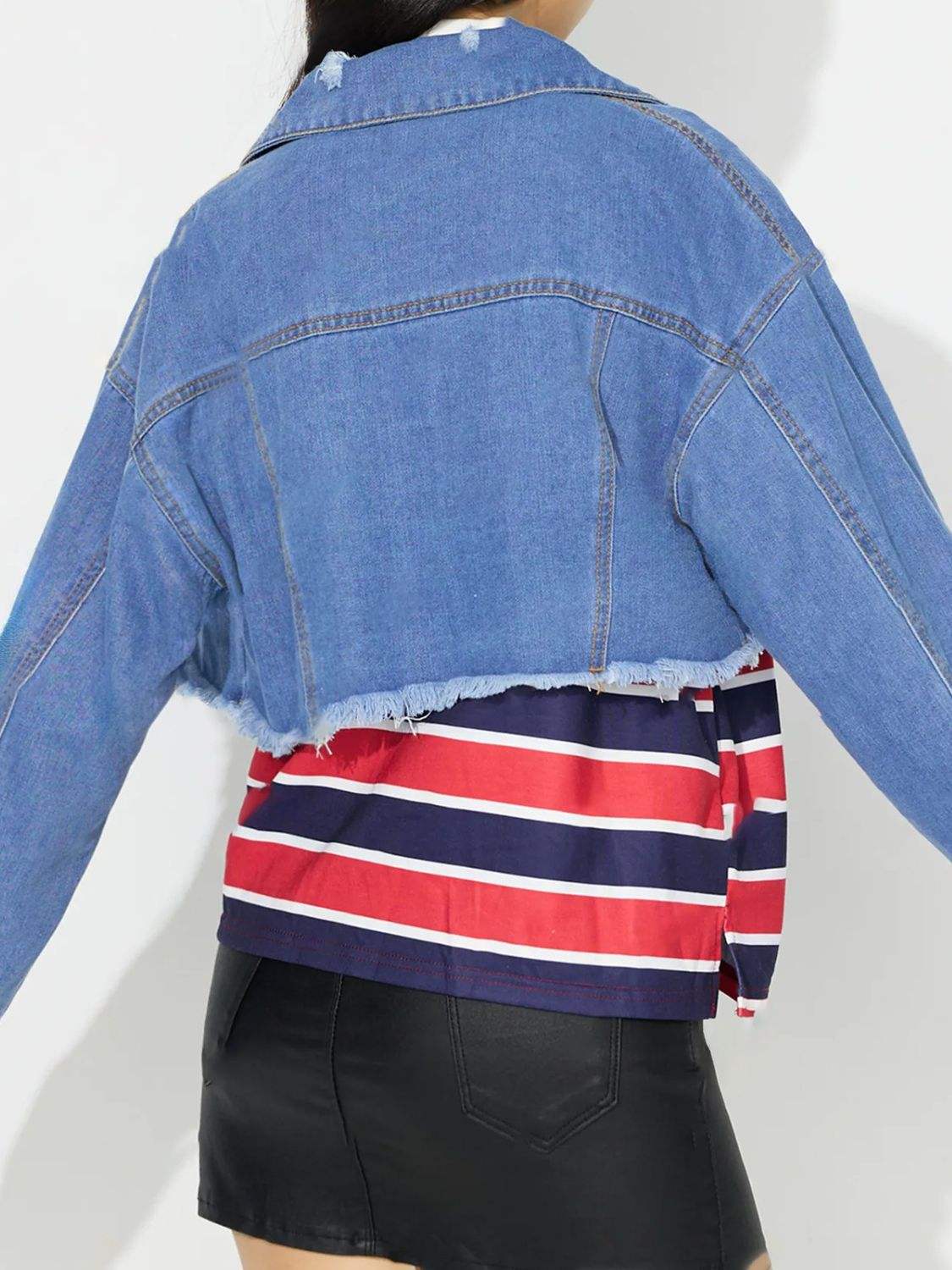 Raw Hem Collared Neck Cropped Denim Top - Trendsi - Flyclothing LLC