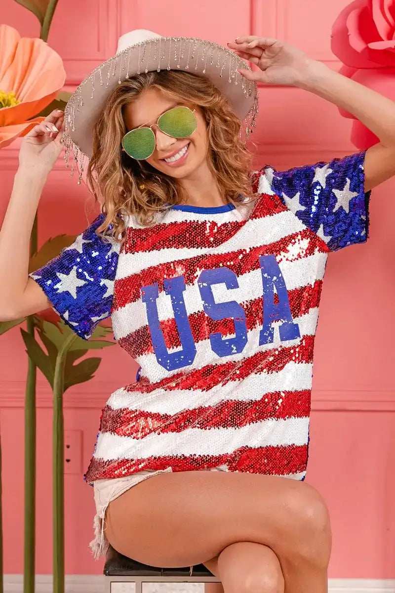 BiBi American Flag Theme USA Lettering Sequin Top - Trendsi - Flyclothing LLC