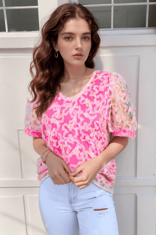 Bonbon Flowery Mesh Short Puff Sleeve Blouse - Trendsi - Flyclothing LLC