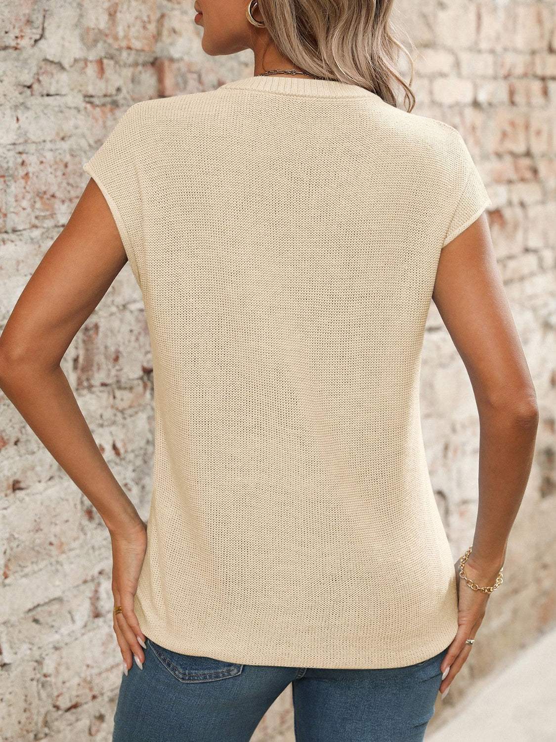 V-Neck Short Sleeve Knit Top - Trendsi - Flyclothing LLC