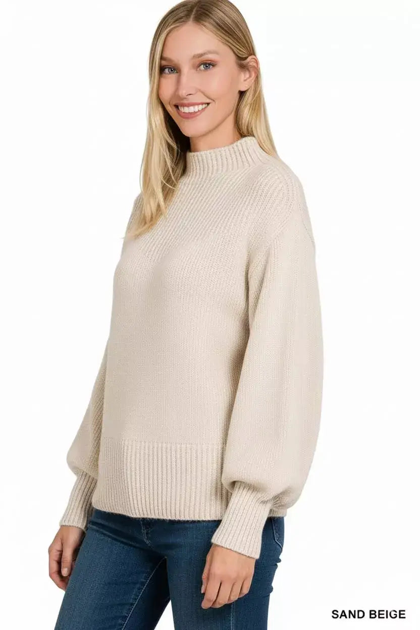 Zenana Balloon Sleeve Mock Neck Sweater - Trendsi - Flyclothing LLC