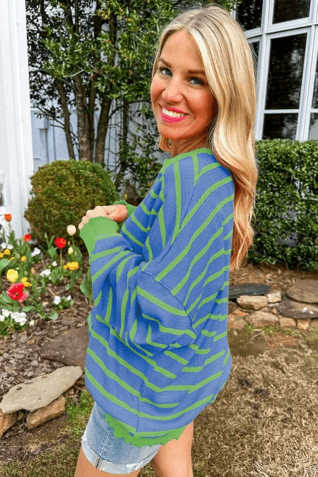 Striped Round Neck Long Sleeve Sweater - Trendsi - Flyclothing LLC