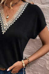 Full Size Lace Detail V-Neck Short Sleeve T-Shirt - Trendsi