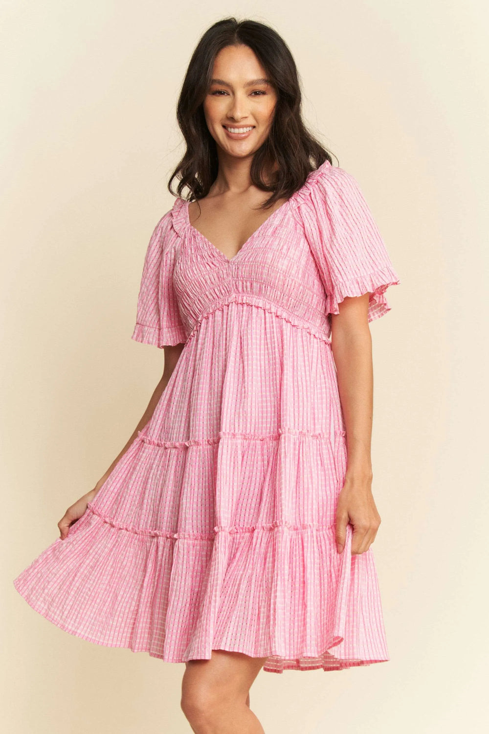 Davi & Dani Jacquard Checker Smocking Tiered Dress - Trendsi