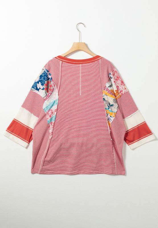 Striped Floral Patchwork Round Neck Top - Trendsi - Flyclothing LLC