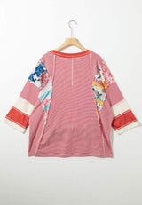 Striped Floral Patchwork Round Neck Top - Trendsi - Flyclothing LLC