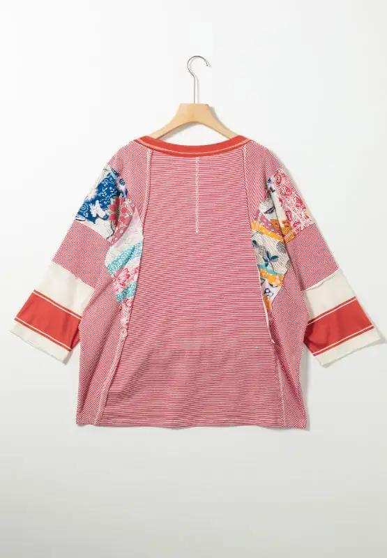 Striped Floral Patchwork Round Neck Top - Trendsi - Flyclothing LLC