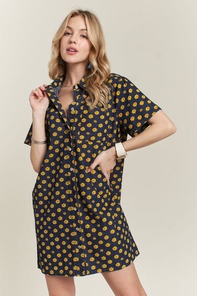 ADORA Floral Button-Up Mini Denim Dress - Trendsi