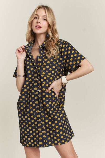 ADORA Floral Button-Up Mini Denim Dress - Trendsi - Flyclothing LLC