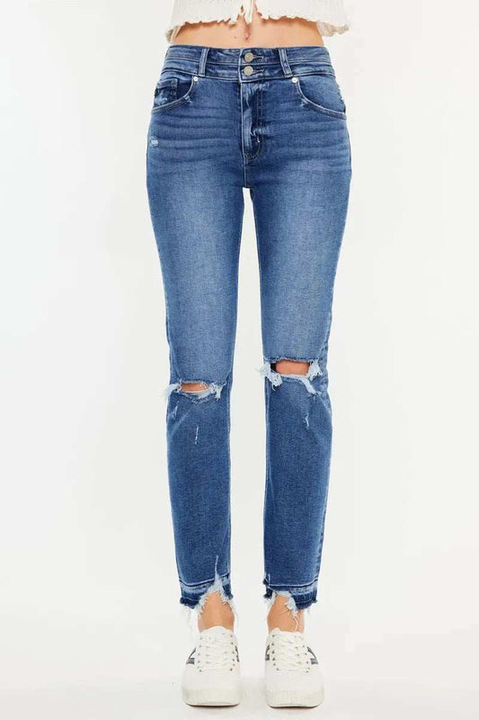 Kancan High Rise Distressed Slim Straight Jeans - Trendsi - Flyclothing LLC