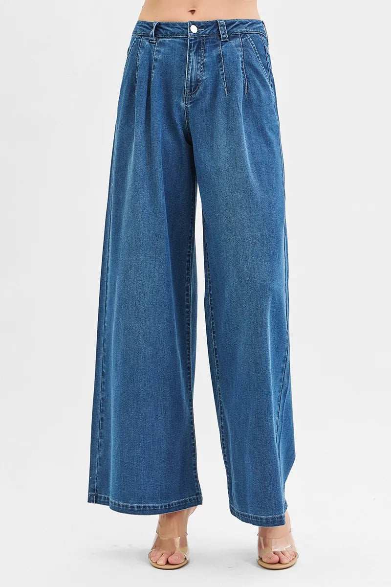RISEN Mid Rise Fit Wide Leg Knit Denim Look Jeans - Trendsi - Flyclothing LLC