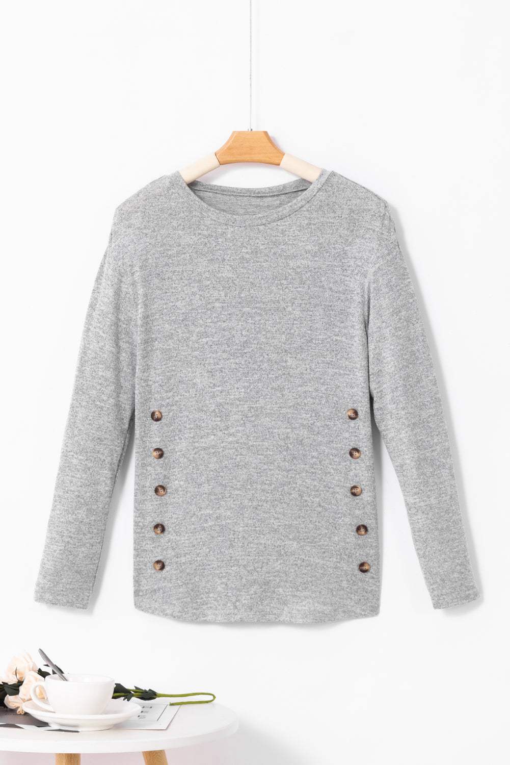 Decorative Button Round Neck Long Sleeve Top - Trendsi - Flyclothing LLC