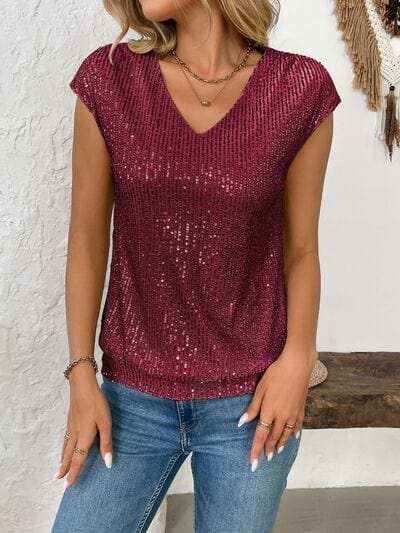 Sequin V-Neck Cap Sleeve Top - Trendsi - Flyclothing LLC
