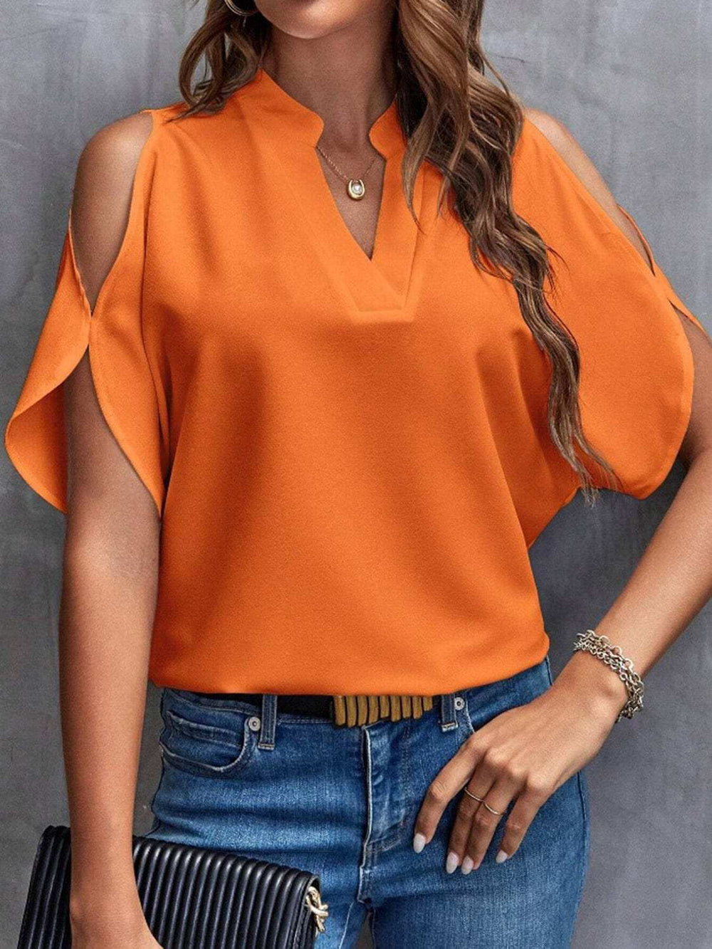 Notched Cold Shoulder Half Sleeve Blouse - Trendsi - Flyclothing LLC