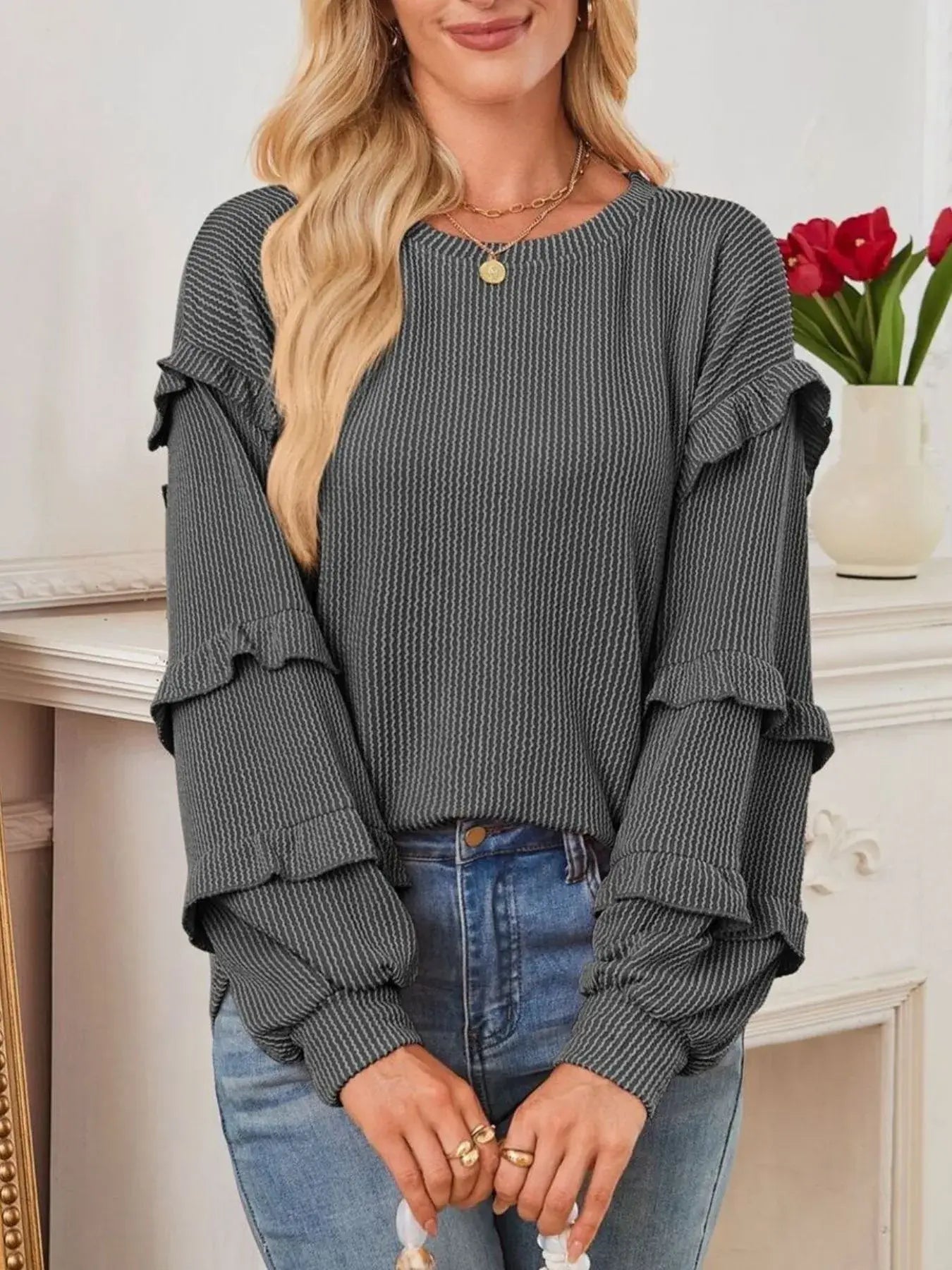 Ruffled Round Neck Long Sleeve Sweatshirt - Trendsi - Flyclothing LLC