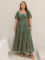 Plus Size Printed Short Sleeve Tiered Maxi Dress - Trendsi - Flyclothing LLC