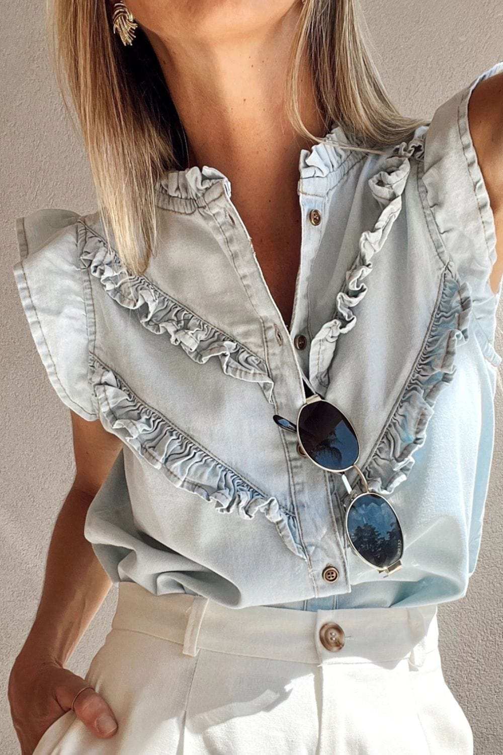 Frill Button Down Ruffled Cap Sleeve Denim Top - Trendsi - Flyclothing LLC