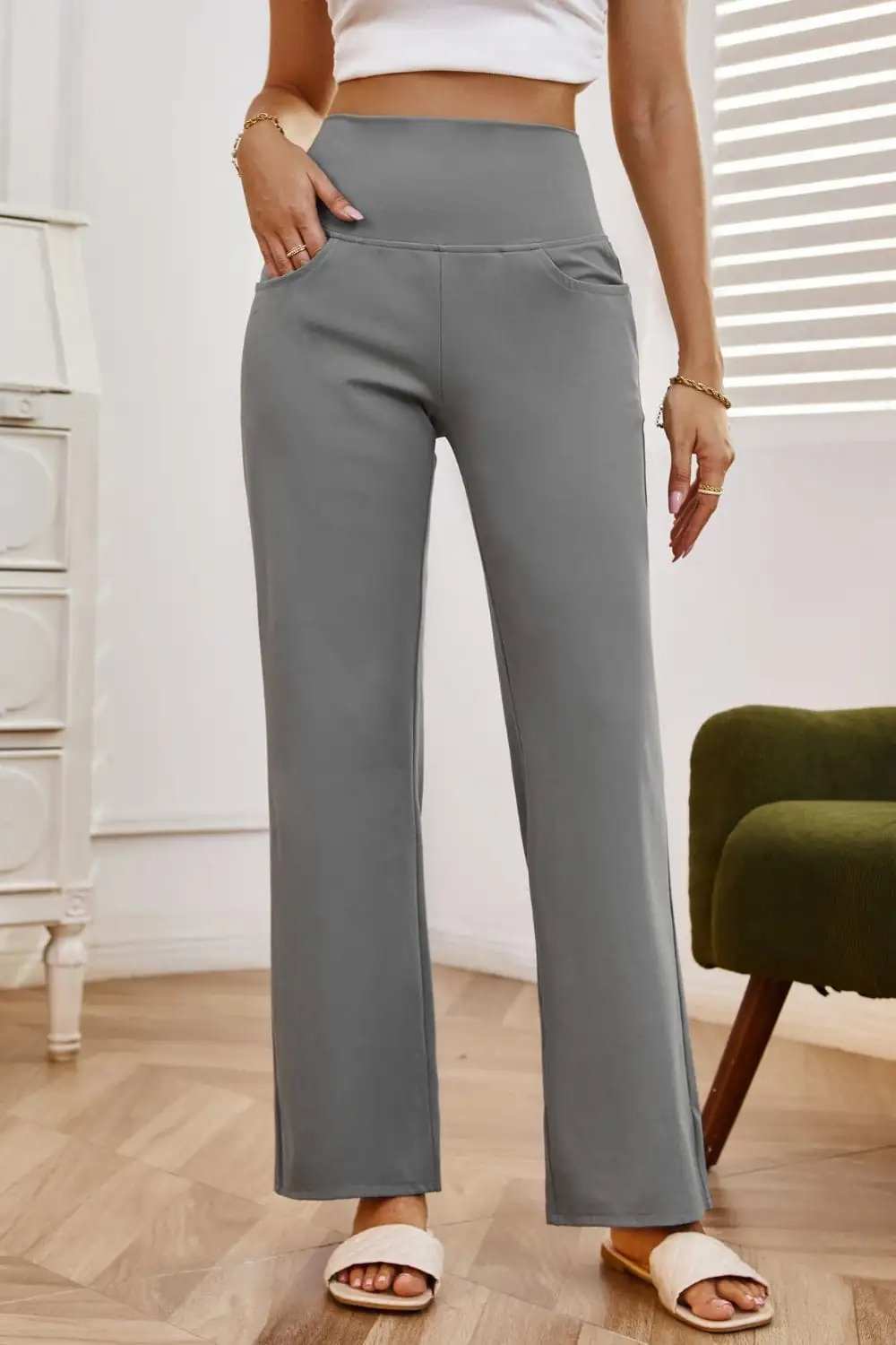 High Waist Wide Leg Pants with Pockets - Trendsi - Flyclothing LLC