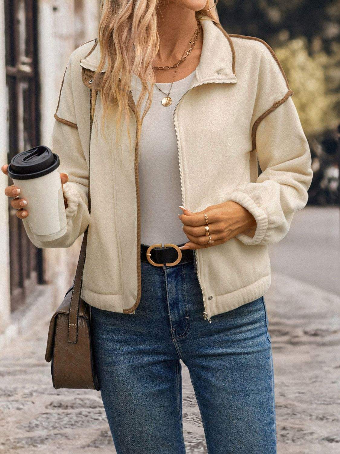 Perfee Zip Up Dropped Shoulder Polar Fleece Jacket - Trendsi - Flyclothing LLC