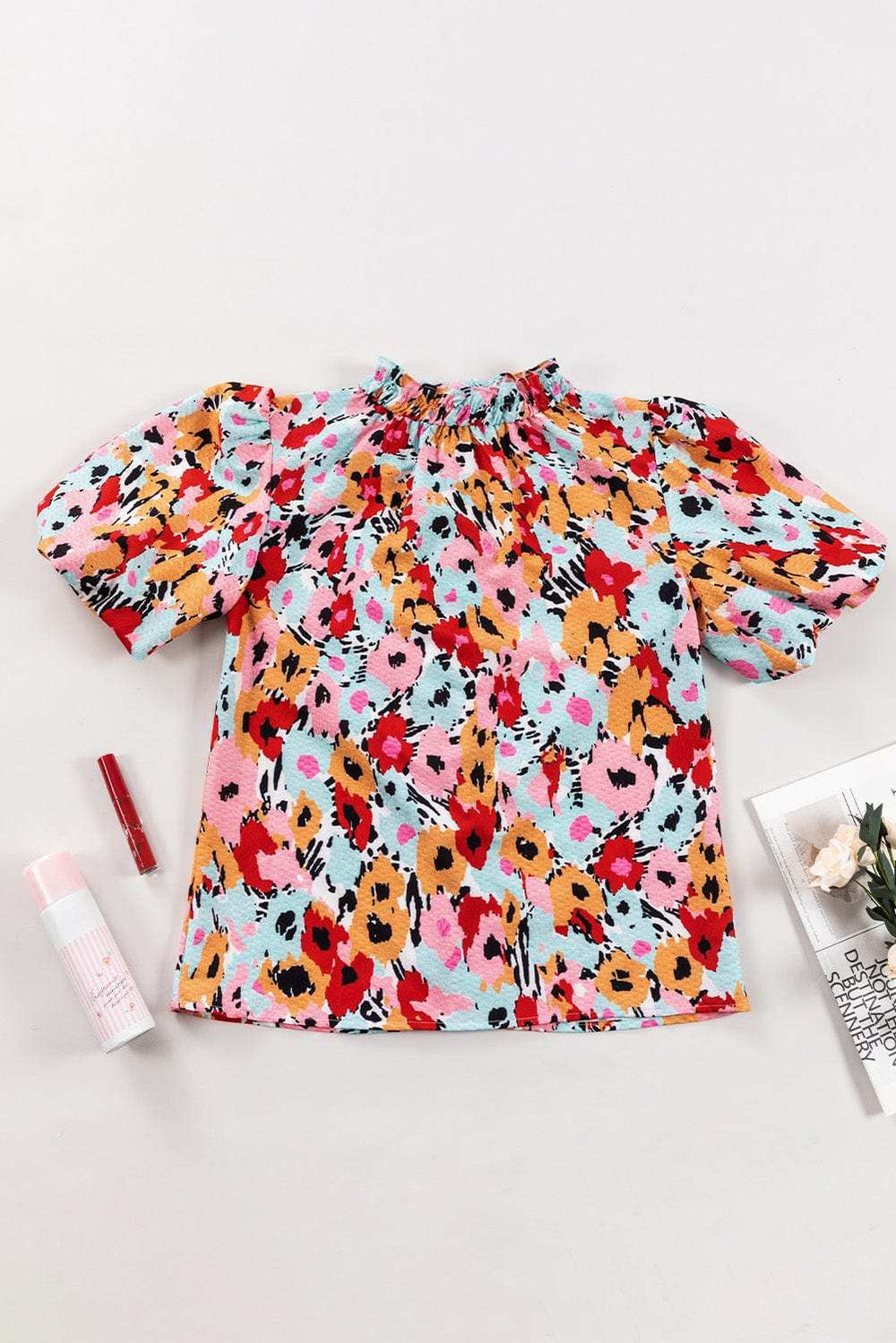 Printed Mock Neck Short Sleeve Blouse - Trendsi - Flyclothing LLC