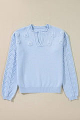 Daisy Notched Long Sleeve Sweater - Trendsi - Flyclothing LLC