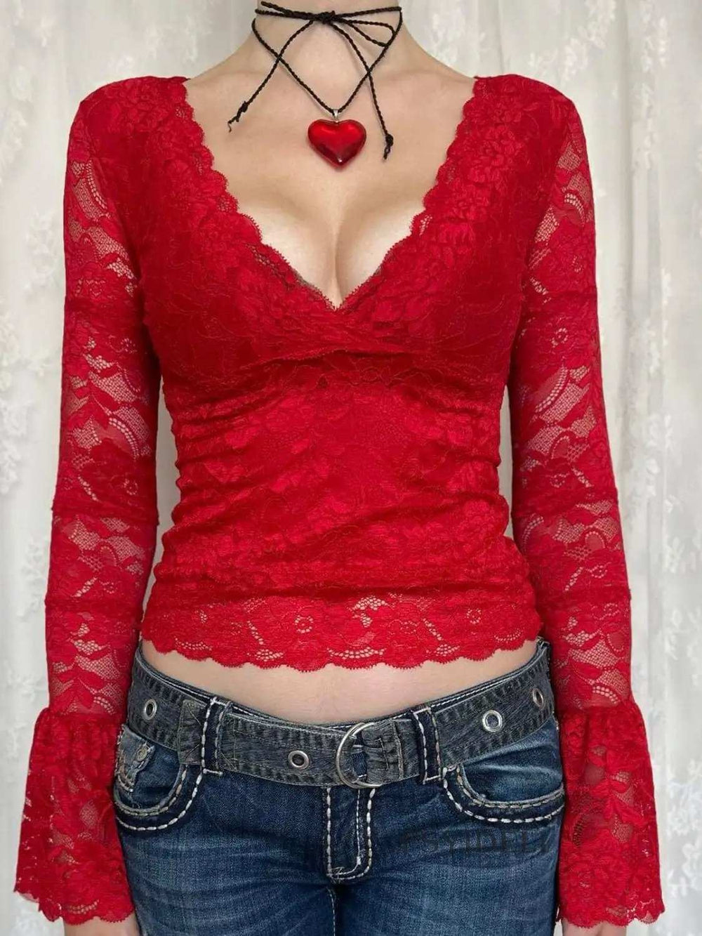 Lace Surplice Long Sleeve Blouse - Trendsi - Flyclothing LLC