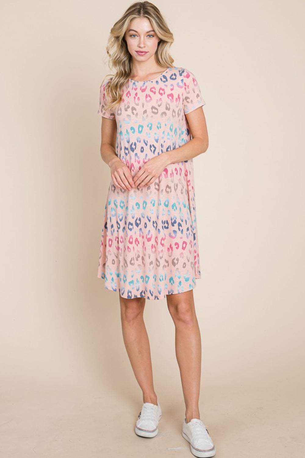 BOMBOM Leopard Round Neck Short Sleeve Dress - Trendsi - Flyclothing LLC